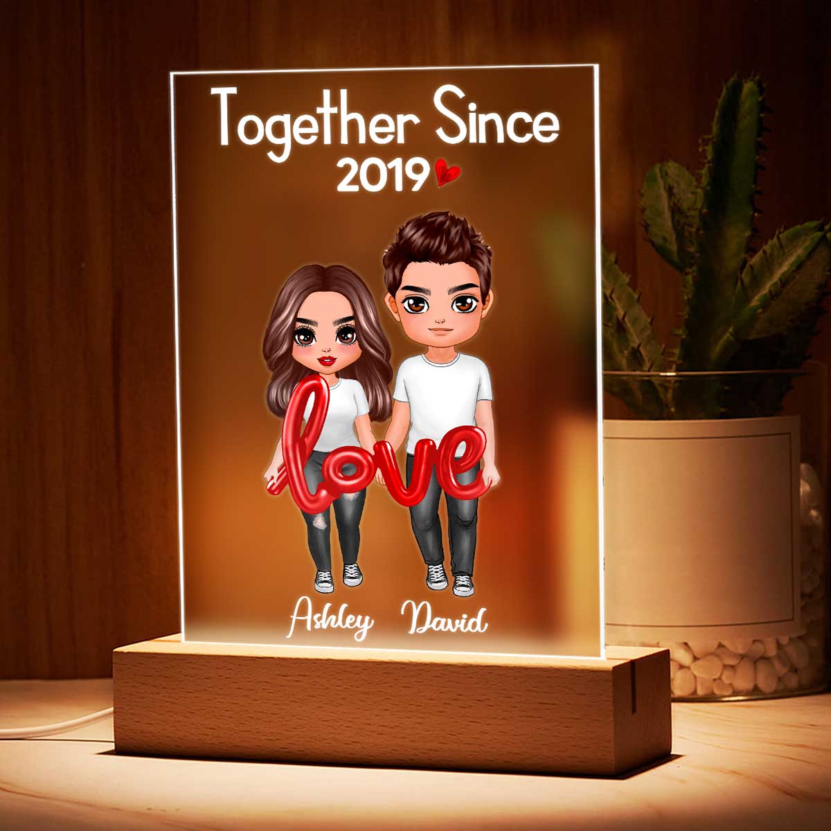 Doll Couple Love Balloon Personalized Rectangle Acrylic Plaque LED Lamp Night - Gift For Him For HerLight