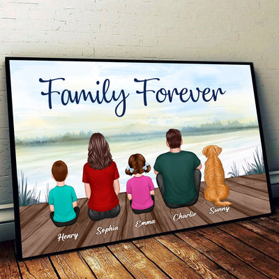Retro Family Dad Grandpa Back View Man & Kids Lake View Personalized Horizontal Poster