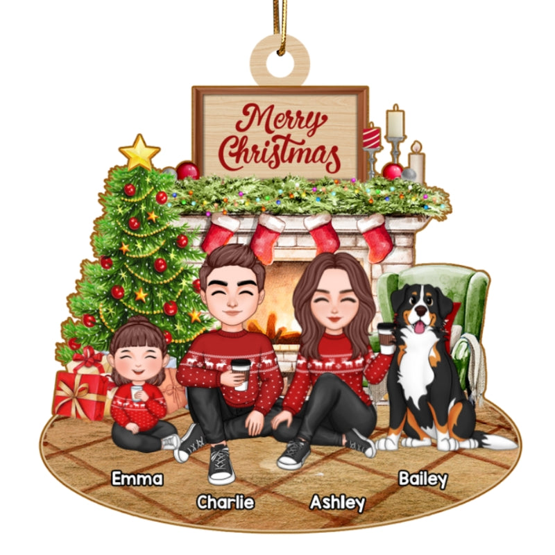 Cute Family Dad Mom Kids Dogs Cats Sitting At Fireplace - Personalized Ornament