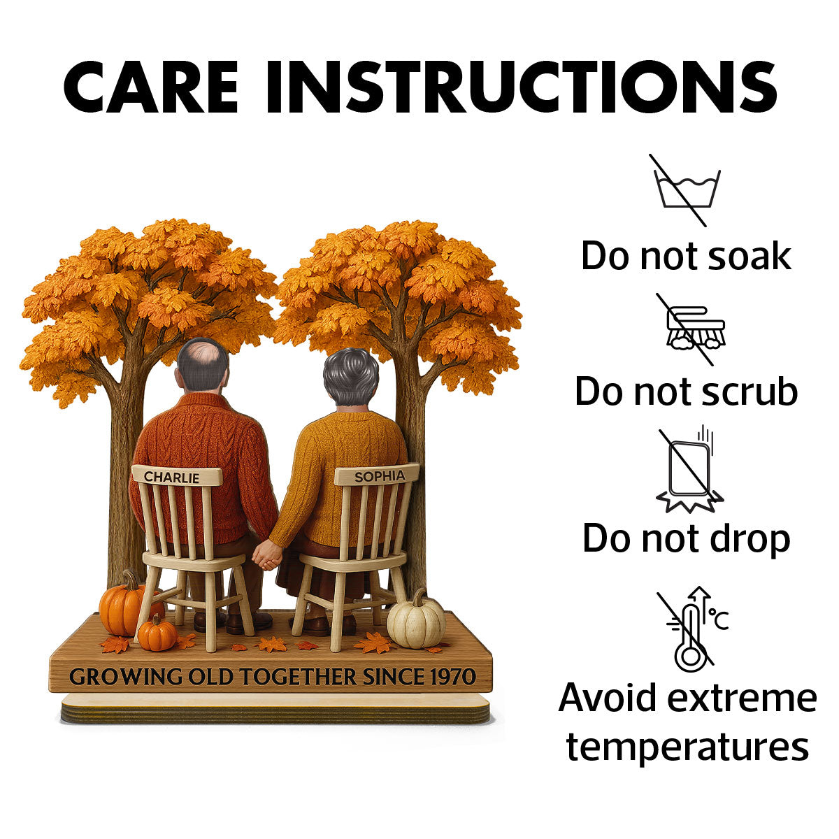 3D Effect Fall Season Back View Couple Growing Old Together Personalized 2-Layer Standing Wooden Plaque