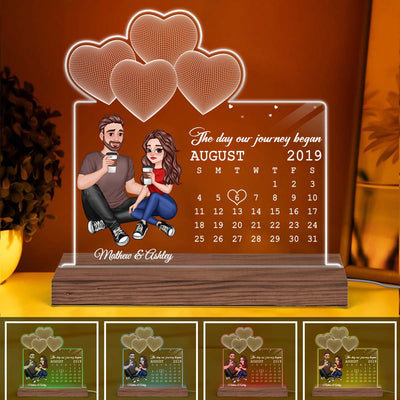 Cartoon Couple Sitting Under 3D Heart Calendar Anniversary Gift For Him Gift For Her Personalized Custom Shaped Acrylic Plaque LED Night Light