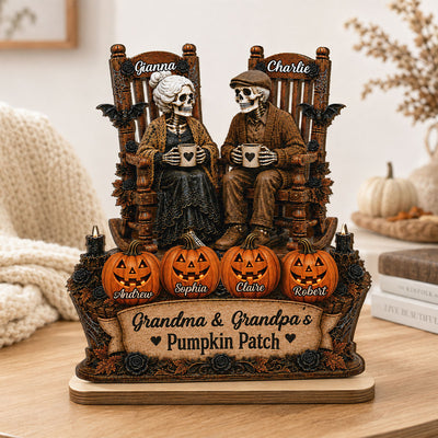 Grandma Grandpa Skeleton Pumpkin Patch 2D Flat - Personalized Wooden Plaque - Halloween Gift