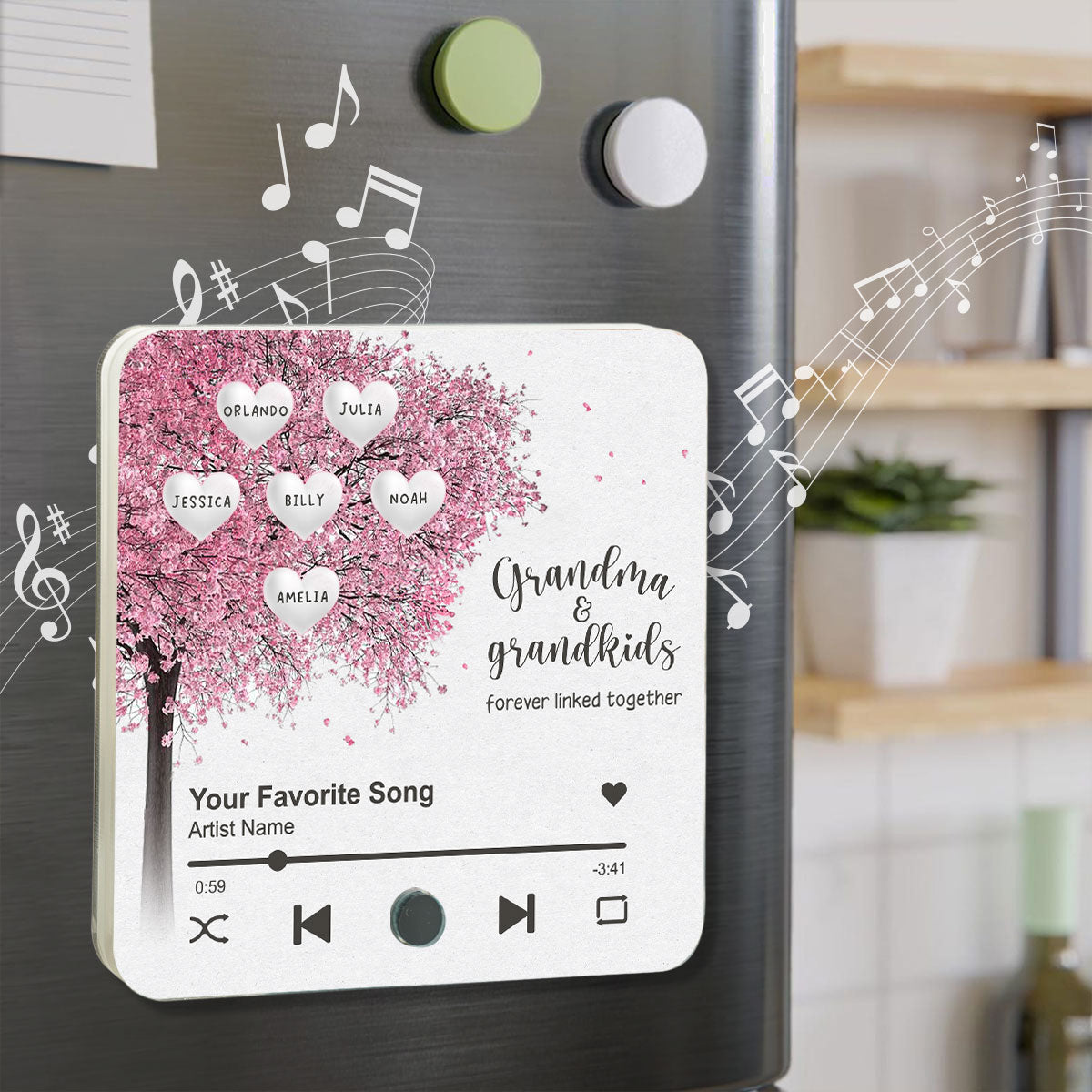 Grandma Grandkids Fill A Place In Your Heart Heart Tree Personalized Music Fridge Magnet, Heartfelt Gift For Mom For Grandma