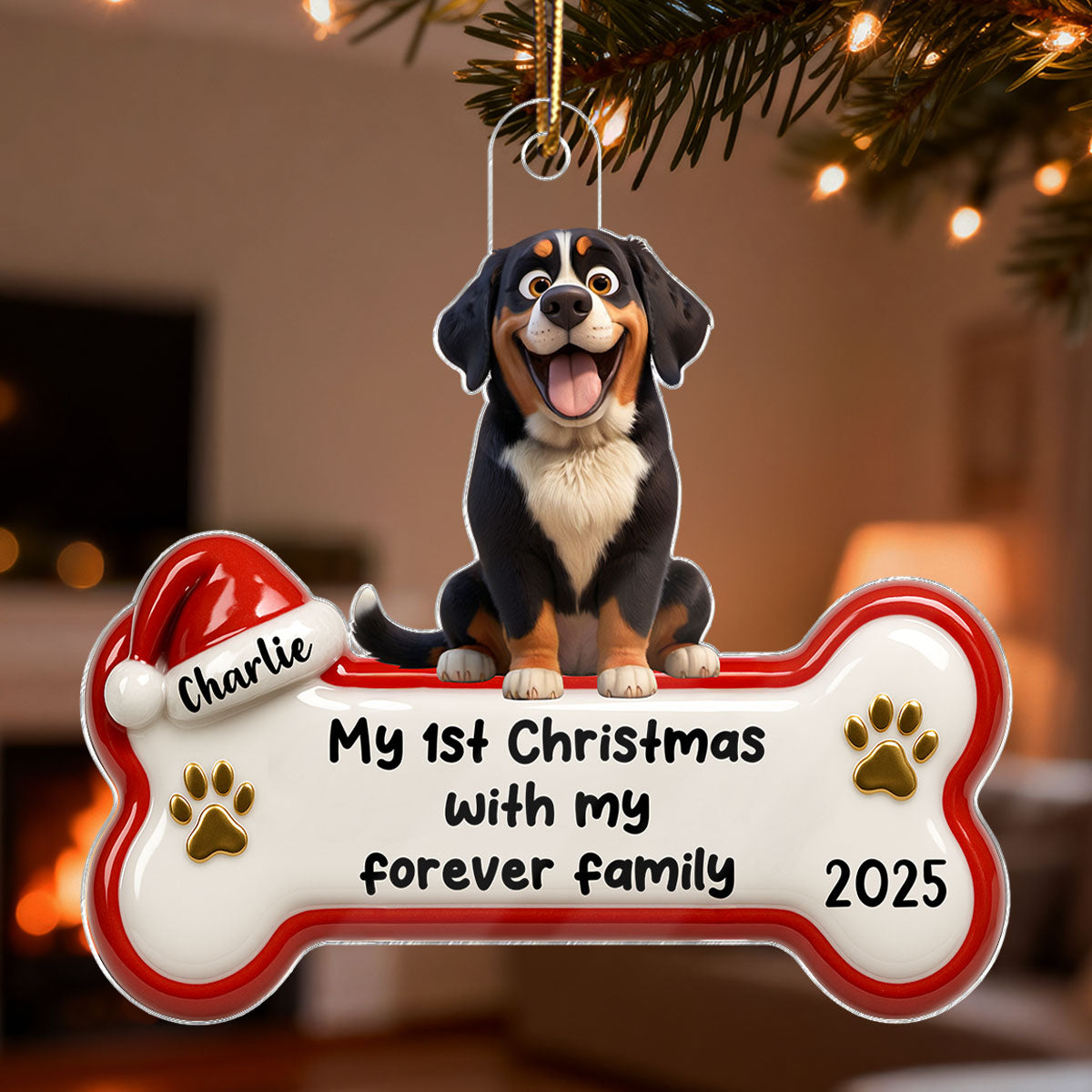 1st Christmas With Forever Family Cartoon Dog 3D Effect - Personalized Acrylic Ornament