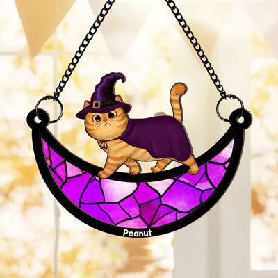 Halloween Cat Walking On Moon Personalized Suncatcher, Halloween Decoration