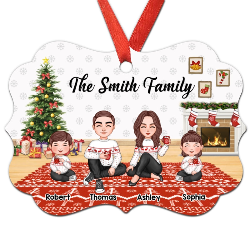 Christmas Cute Family Sitting In House Personalized Christmas Ornament