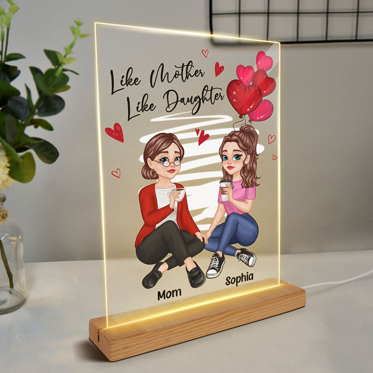 Red Hearts Pretty Cartoon Mother & Daughters Personalized Rectangle Acrylic Plaque With LED Night Light