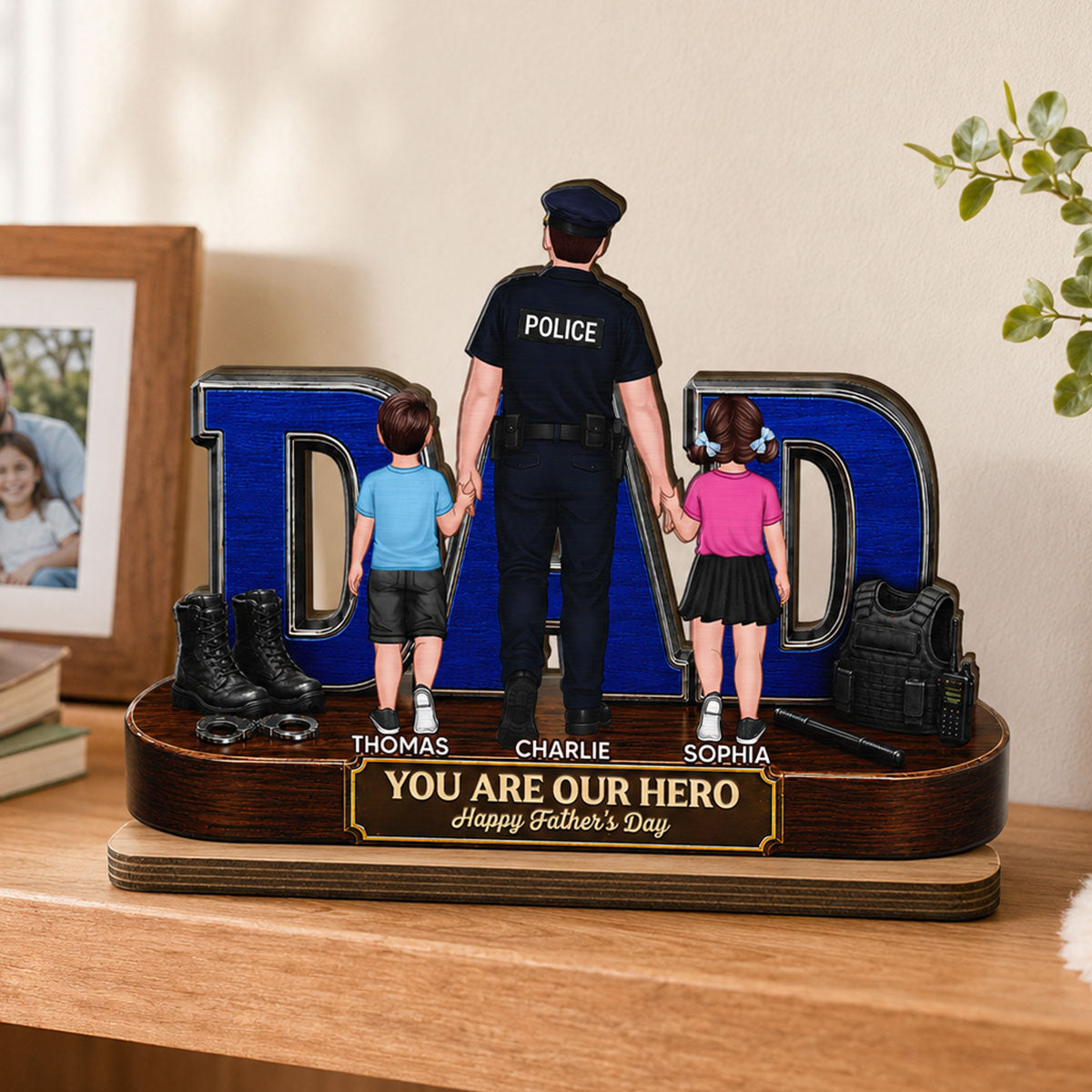 Proud American Police Dad You Are Our Hero - Personalized 2-Layered Wooden Plaque - Unique Trending Father's Day Gift For Dad, Husband