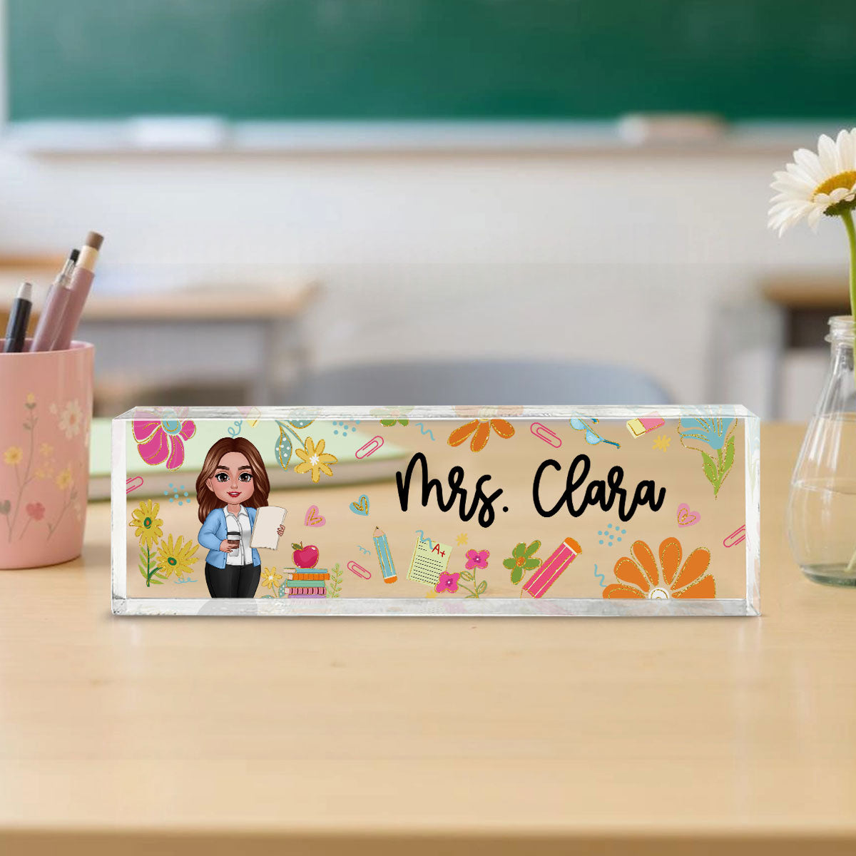 Teacher Floral Pattern Personalized Acrylic Desk Name Plate, Back To School Gift For Teacher