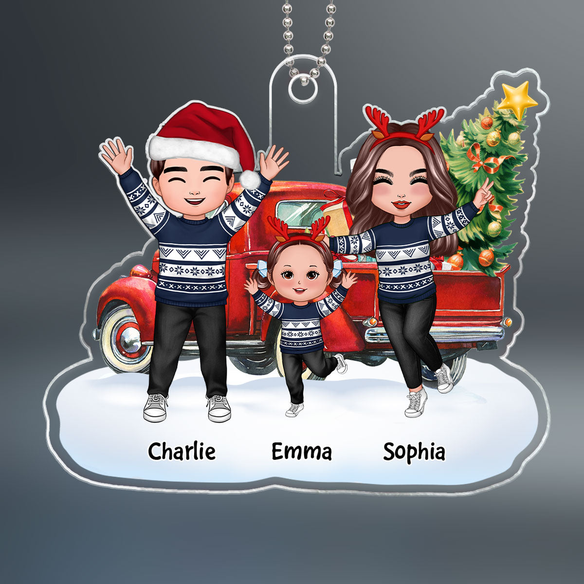 Happy Doll Family Dad Mom Kids Dogs Cats & Christmas Truck Personalized Acrylic Ornament