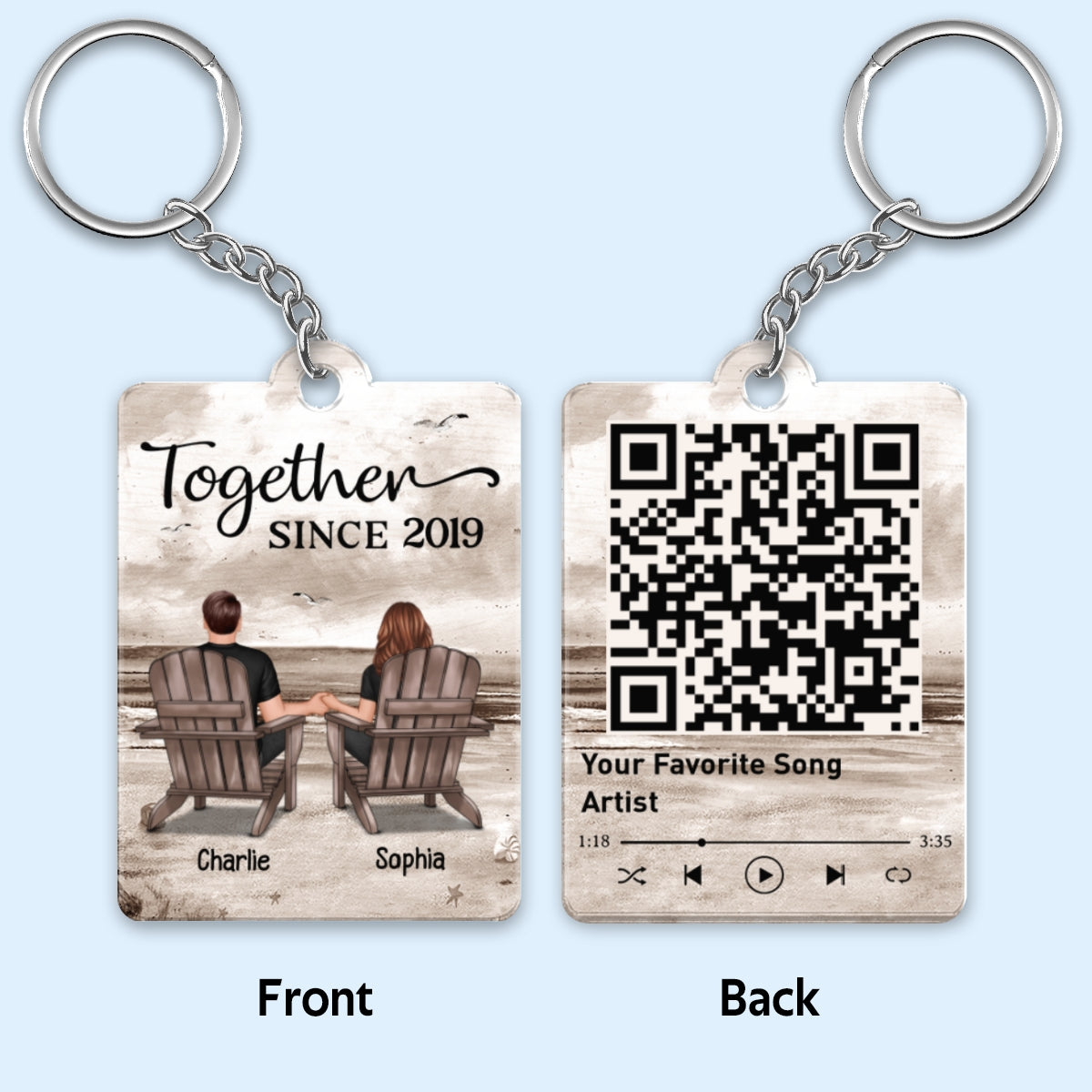 Retro Vintage Back View Couple Sitting Beach Landscape Favorite Song Scannable QR Code Personalized Acrylic Keychain