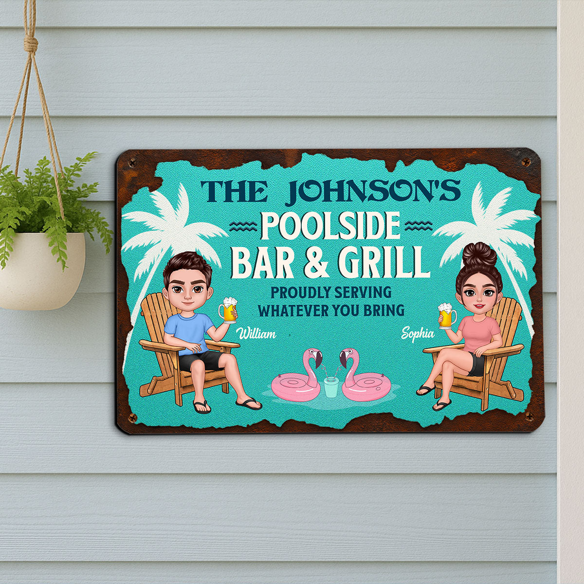 Summer Family Couple Poolside Bar & Grill Teal Color Personalized Metal Sign