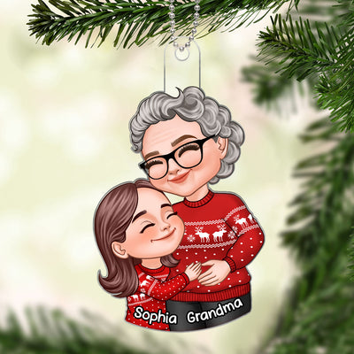 Christmas Cartoon Grandma & Grandkid Hugging Gift For Granddaughter Grandson Personalized Acrylic Ornament