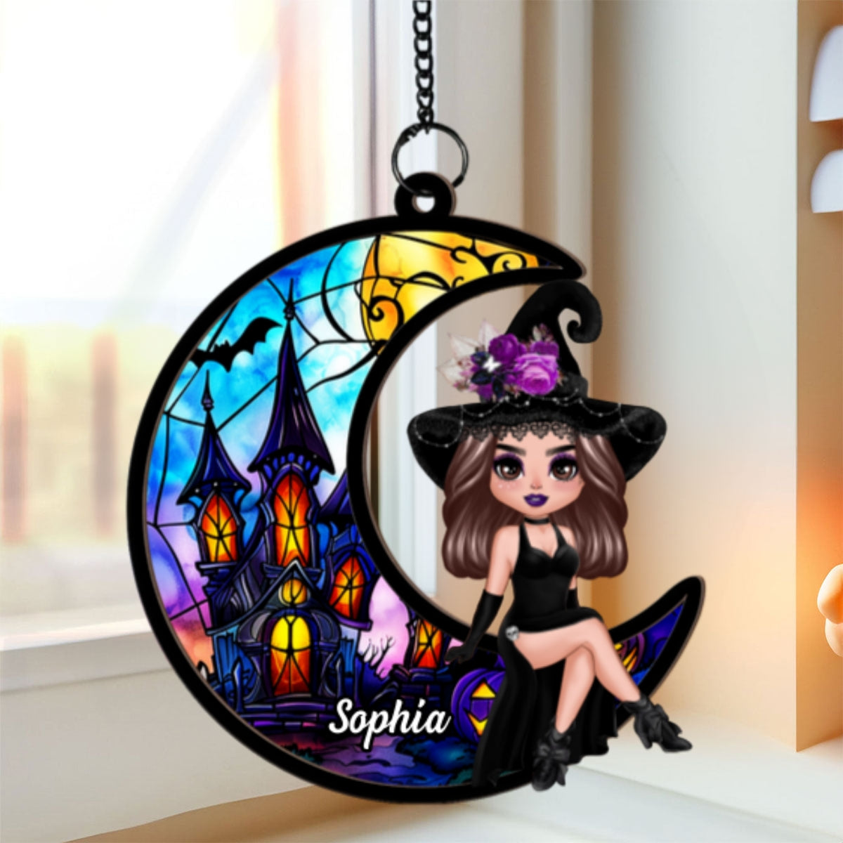 Halloween Witch Sitting On Moon Personalized Suncatcher, Halloween Decoration