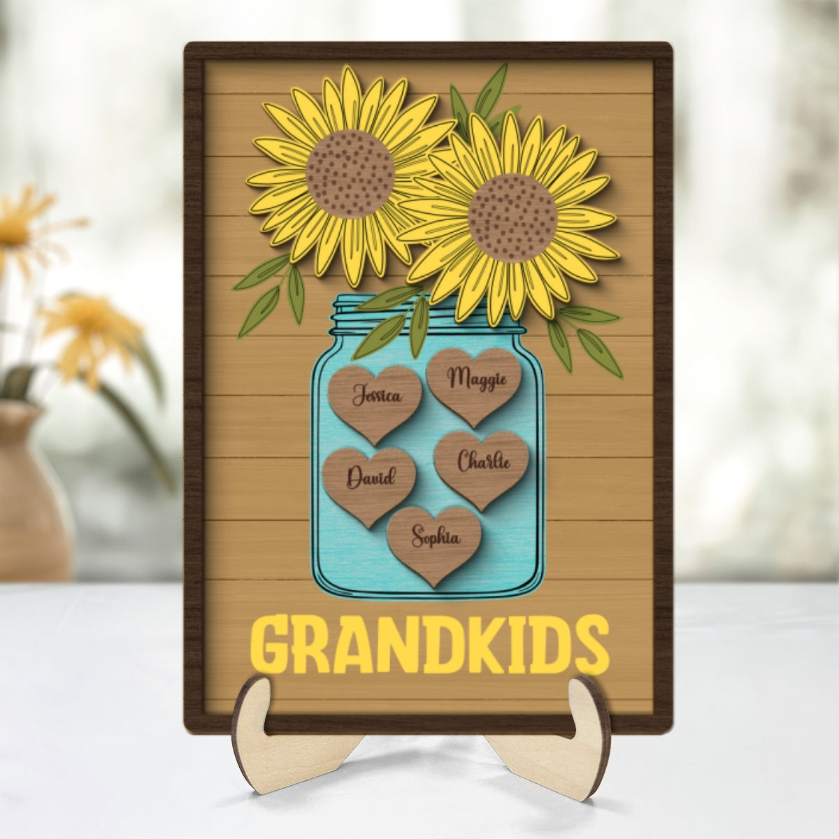Grandkids Sunflowers Vase Hearts With Kids Names Personalized 2-layer Wooden Plaque