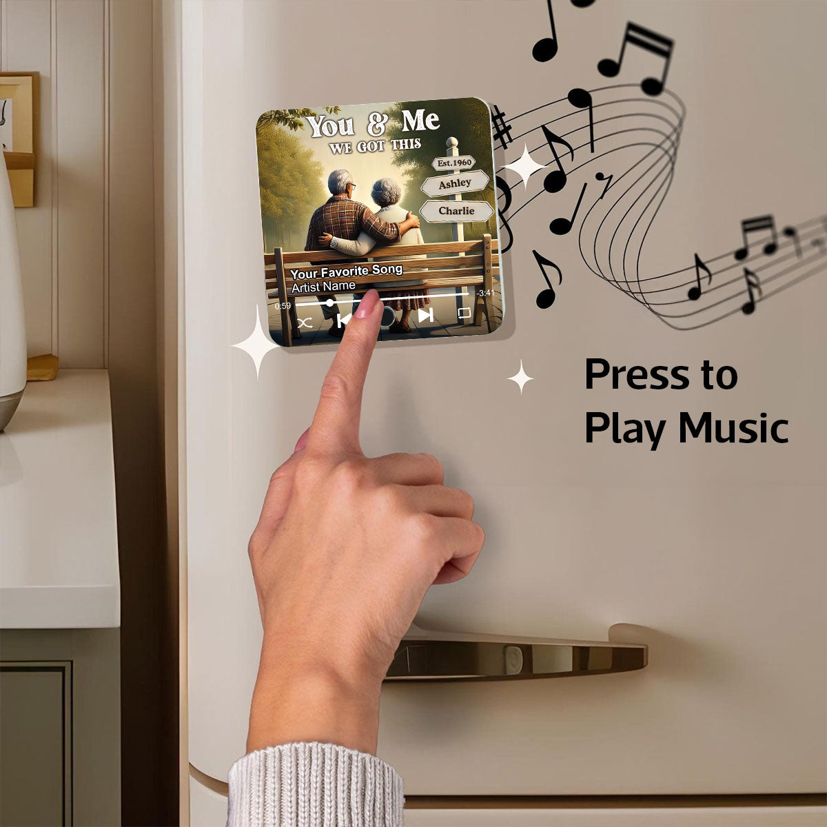 Old Couple Sitting On The Bench Personalized Music Fridge Magnet, Heartfelt Gift For Couple, For Him, For Her, Boyfriend, Girlfriend, Husband, Wife