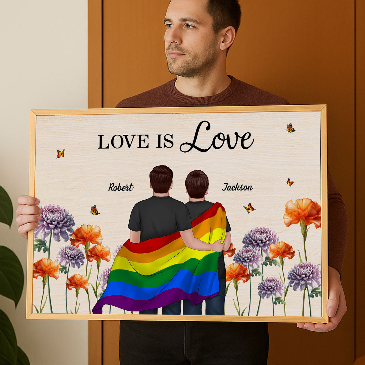 LGBTQ Couple Flag Birth Month Flower Personalized Poster, Pride Month Gift