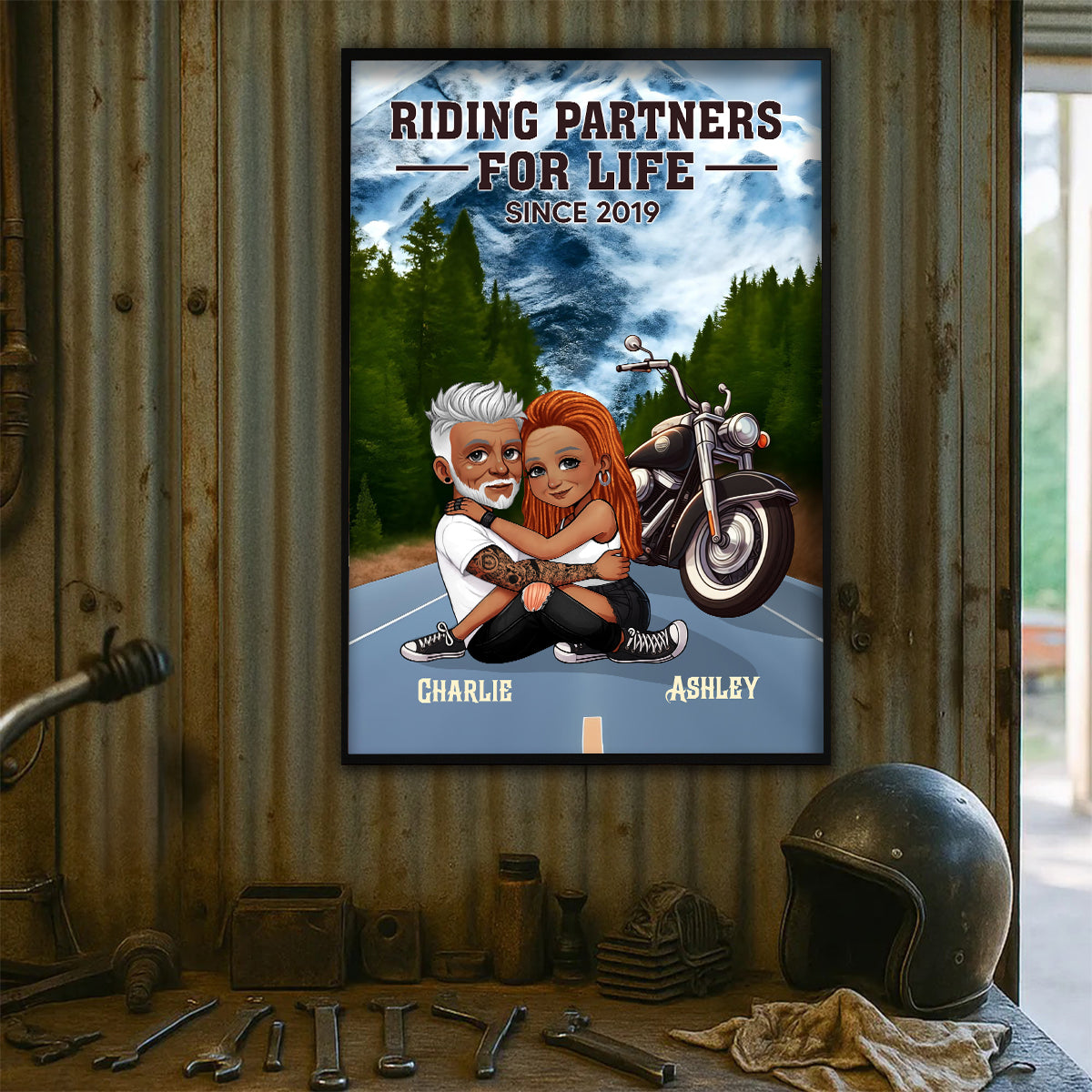 African American Biker Couple Riding Partners for Life Personalized Poster, Gift for him, Gift for her