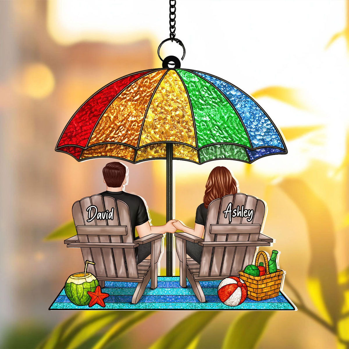 Under Beach Umbrella Happy Couple Personalized Suncatcher