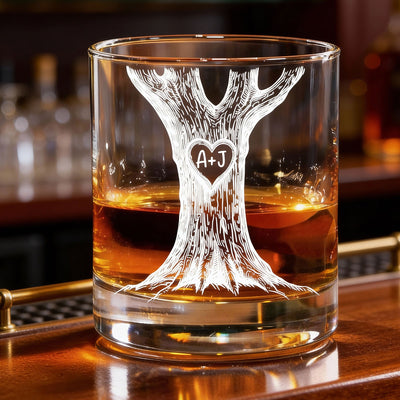 Couple Name Initials In A Heart Tree - Personalized Wine Glass - Valentine's Day, Anniversary, Engagement Gift