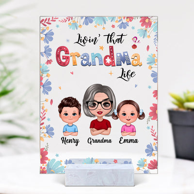 Living That Grandma Life Doll Grandma And Grandkids Colorful Pastel Flowers Personalized Acrylic Plaque