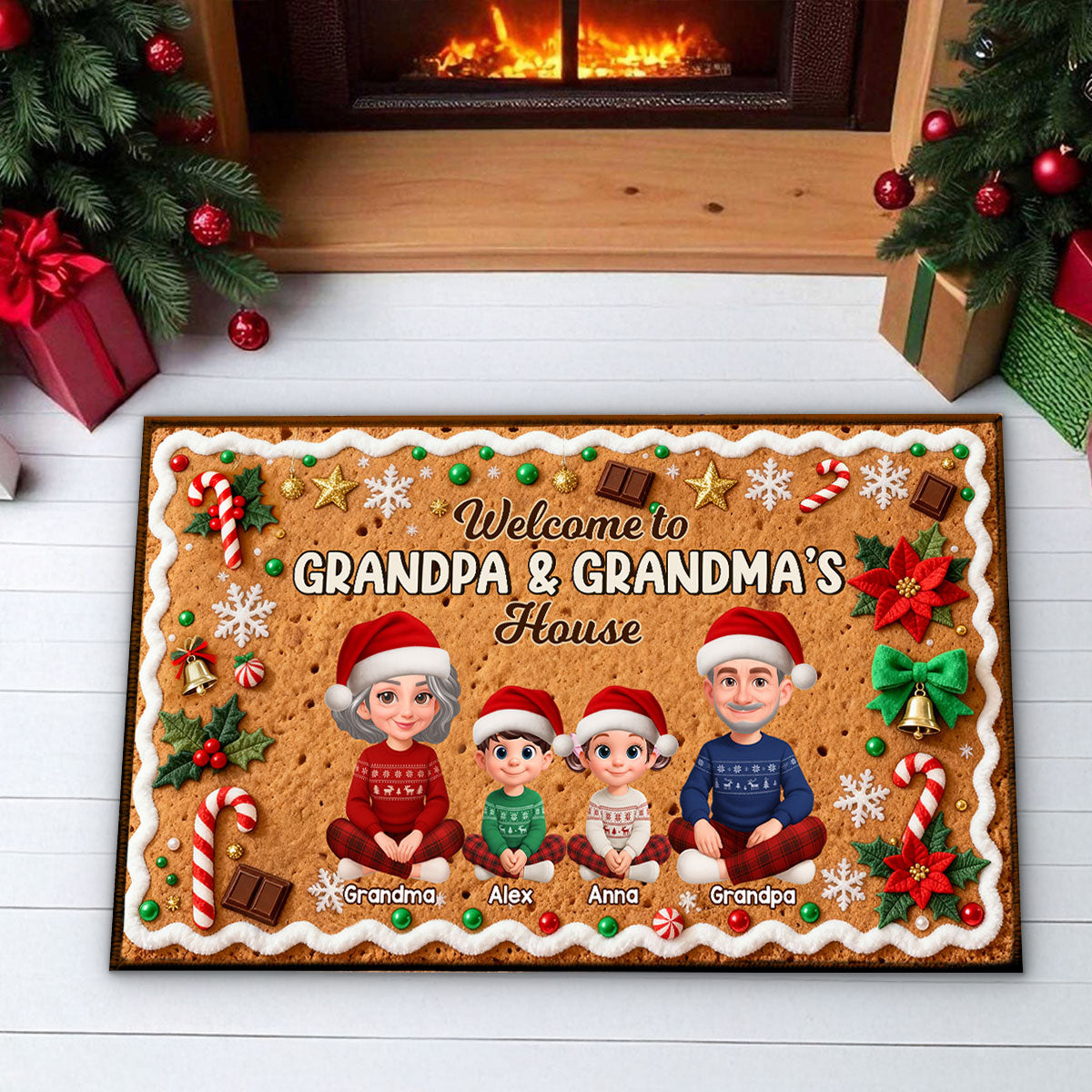 3D Effect Gingerbread Theme Welcome To Grandpa Grandma House Christmas - Personalized Doormat