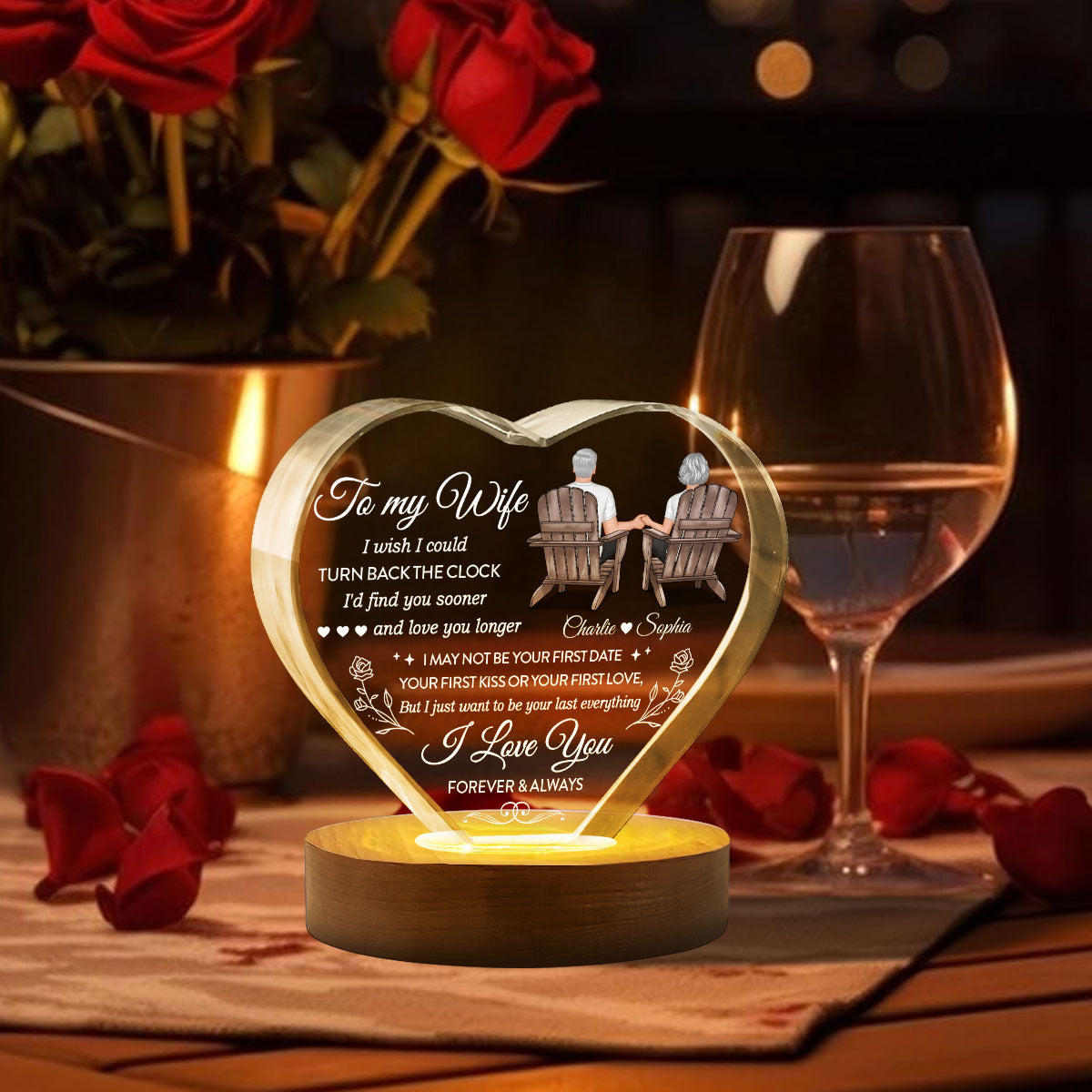 To My Wife I Wish I Could Turn Back The Clock Premium Crystal Heart LED, Heartfelt Personalized Couple Anniversary Gift For Couple, Last-minute Valentine's Gift For Her, For Wife, FREE DELIVERY