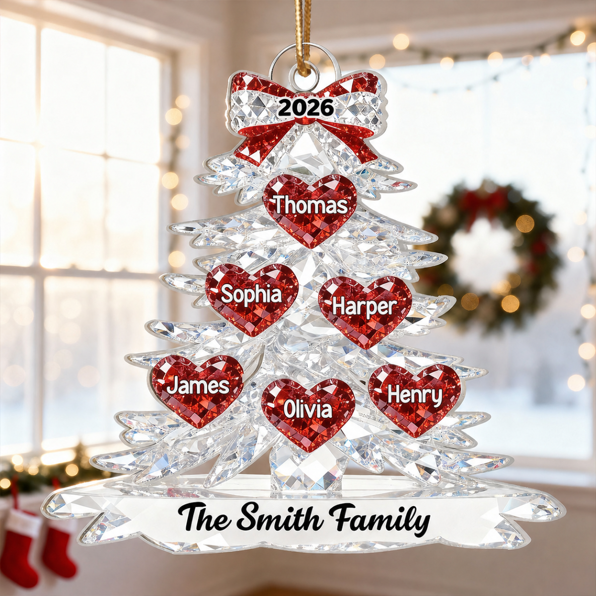 3D Effect Flat Family Christmas Tree Hearts Names - Personalized Acrylic Ornament - Gift For Family