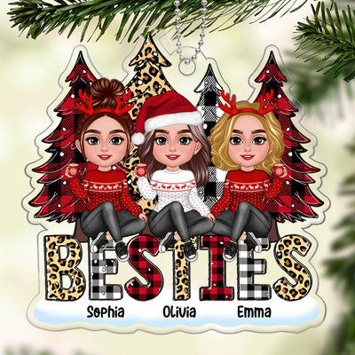 Doll Besties Sisters Sitting On Leopard Checkered Pattern Christmas Tree Personalized Acrylic Ornament