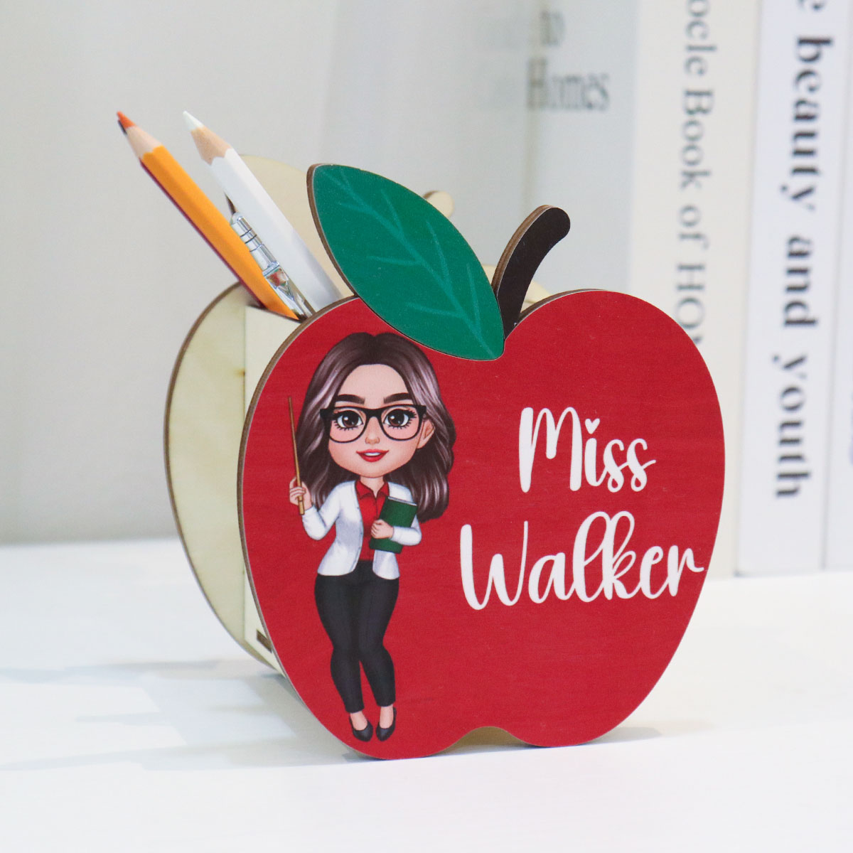 Happy Doll Teacher Personalized Apple Shaped Pen Pencil Holder, Office Decor for Teacher