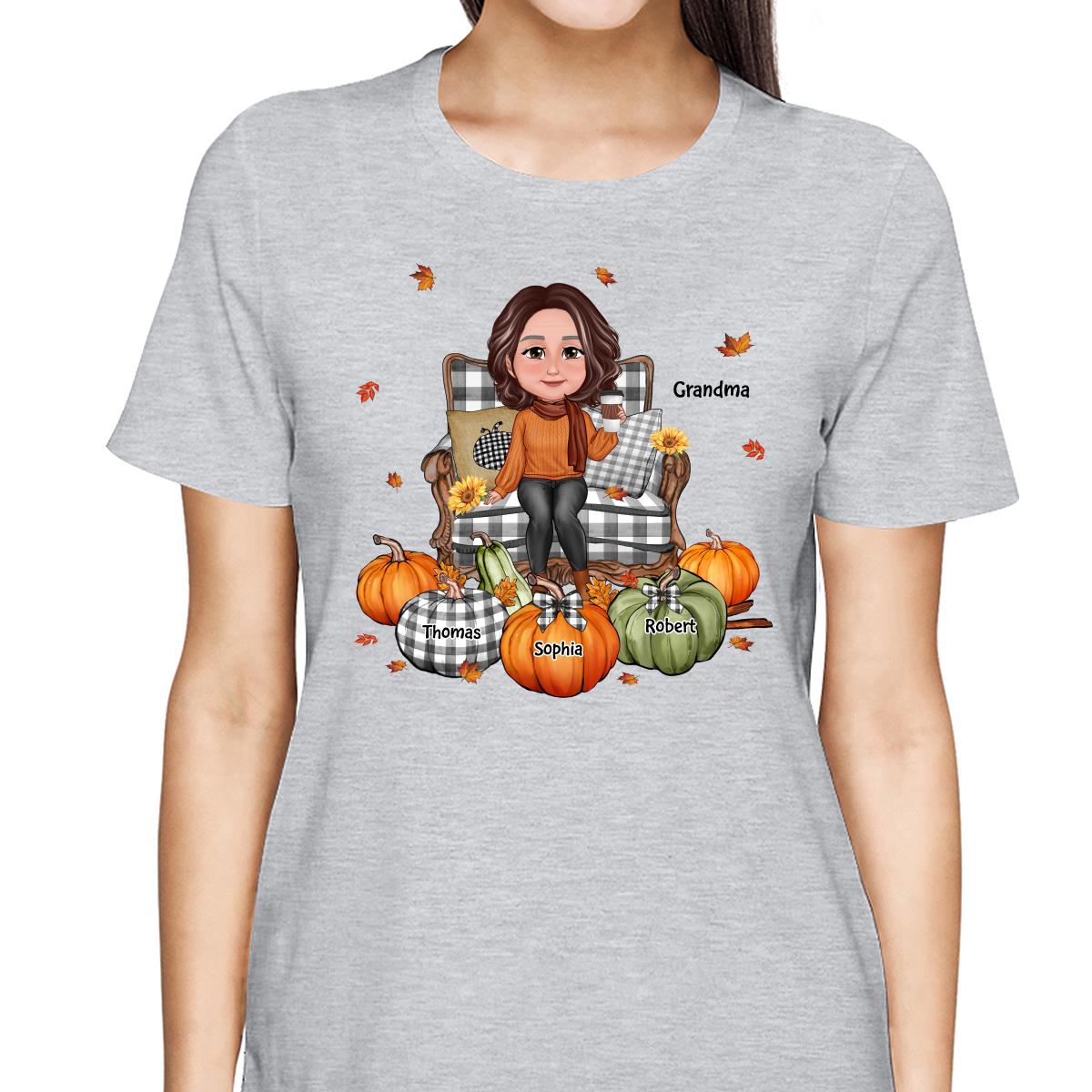 Grandma Sitting On Chair Pumpkins Personalized Shirt