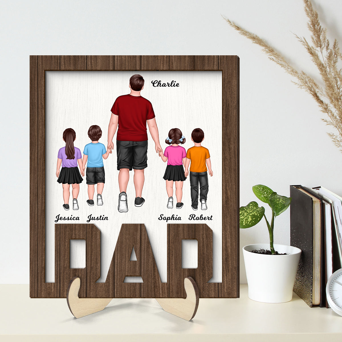 Dad And Kids Walking Back View Personalized 2-Layer Wooden Plaque