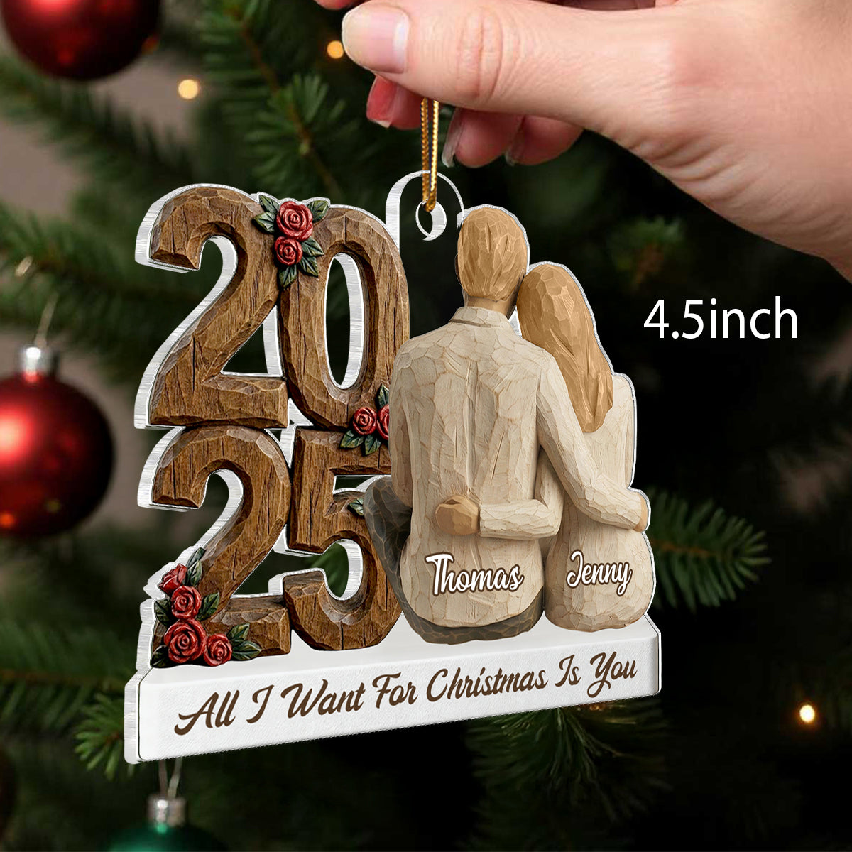 Couple Back View Hugging Faux Wood - Personalized Acrylic Ornament - Heartwarming Christmas Gift For Him, For Her, For Couple