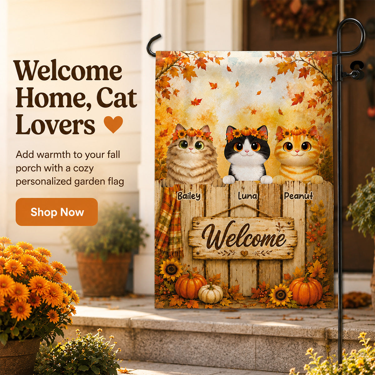 Cozy Fall Welcome Cats Peeking On Fence - Personalized Garden Flag - Fall Season Decoration