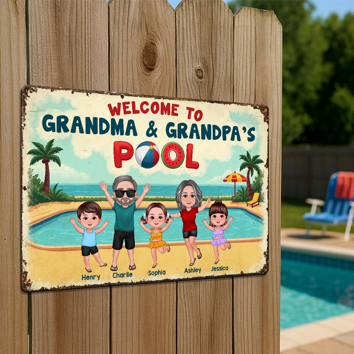 Summer Vibe Welcome To Grandpa Grandma Grandparents Pool Personalized Metal Sign