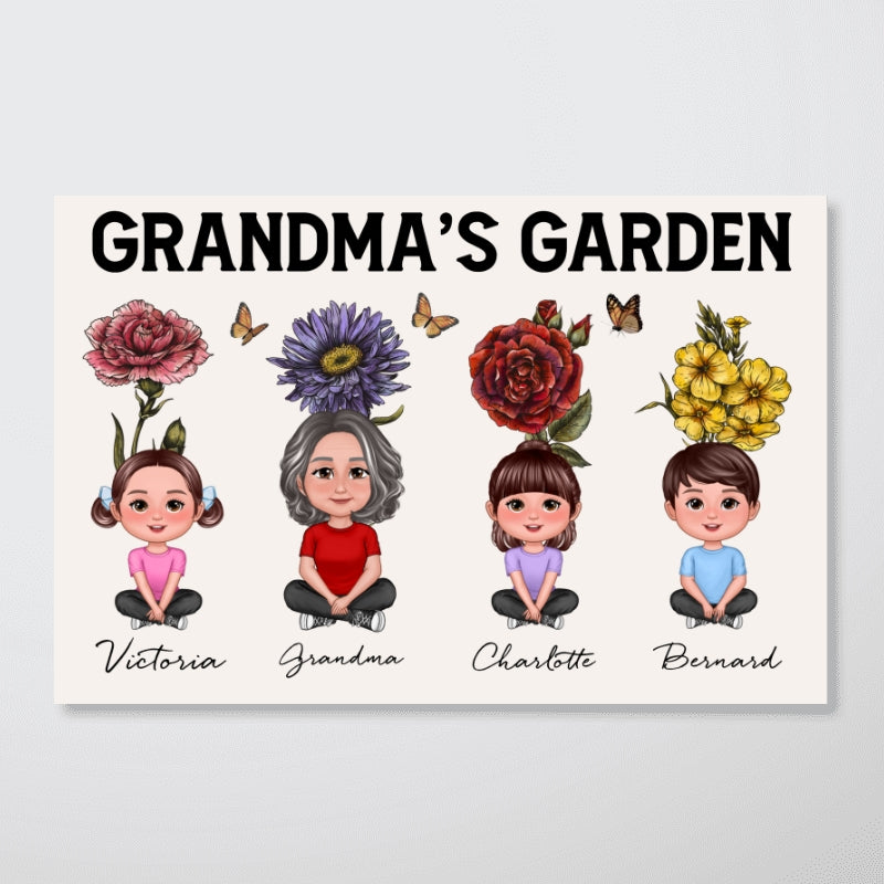 Beautiful Vintage Birth Flower Grandma‘s Garden Pretty Grandma & Grandkids With Flowers Behind Personalized Poster