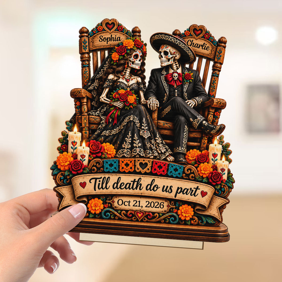 Till Death Do Us Part Skeleton 2D Flat - Personalized 2-Layered Wooden Plaque - Skull Decor Anniversary Wedding Gift for Couple, Gothic Home Decor, Dia de los Muertos, Day of the Dead Gift