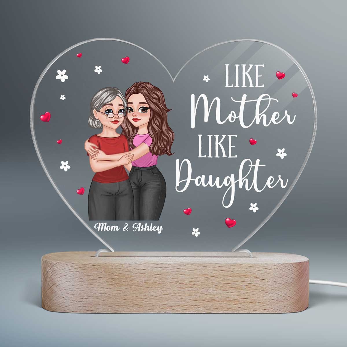 Hugging Cartoon Mother Daughter Bond Can‘t Be Broken Personalized Acrylic Heart Plaque With LED Night Light
