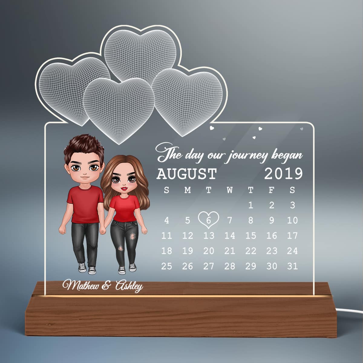 Doll Couple Standing Under 3D Heart Anniversary Date Calendar Personalized Custom Shape Acrylic Plaque With LED Night Light - Anniversary Gift For Couple - Gift For Him Gift For Her