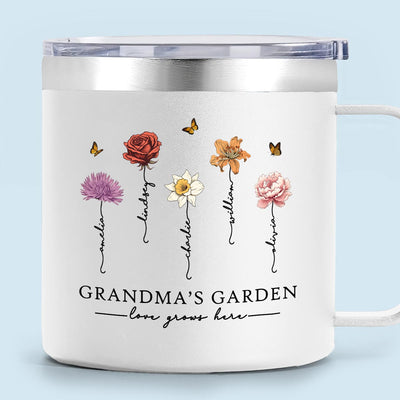 Grandma's Garden Love Grows Here Beautiful Birth Month Flower Personalized Stainless Tumbler With Handle