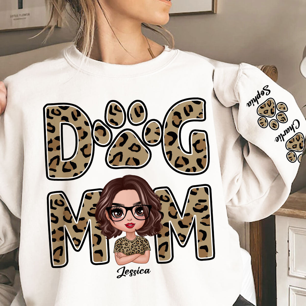 Leopard Dog Mom Gift For Dog Lovers Personalized Sleeve Printed Sweatshirt