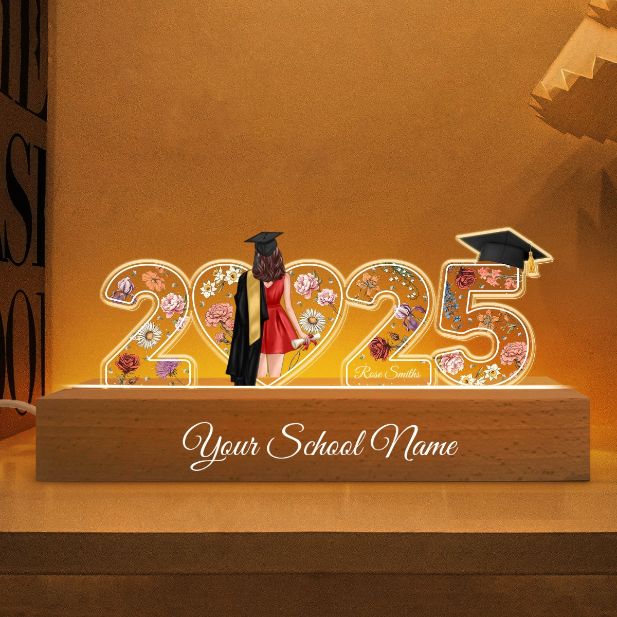 2025 Graduation Senior Flowers Personalized Custom Shape Acrylic Block LED Night Light, Graduation Gift