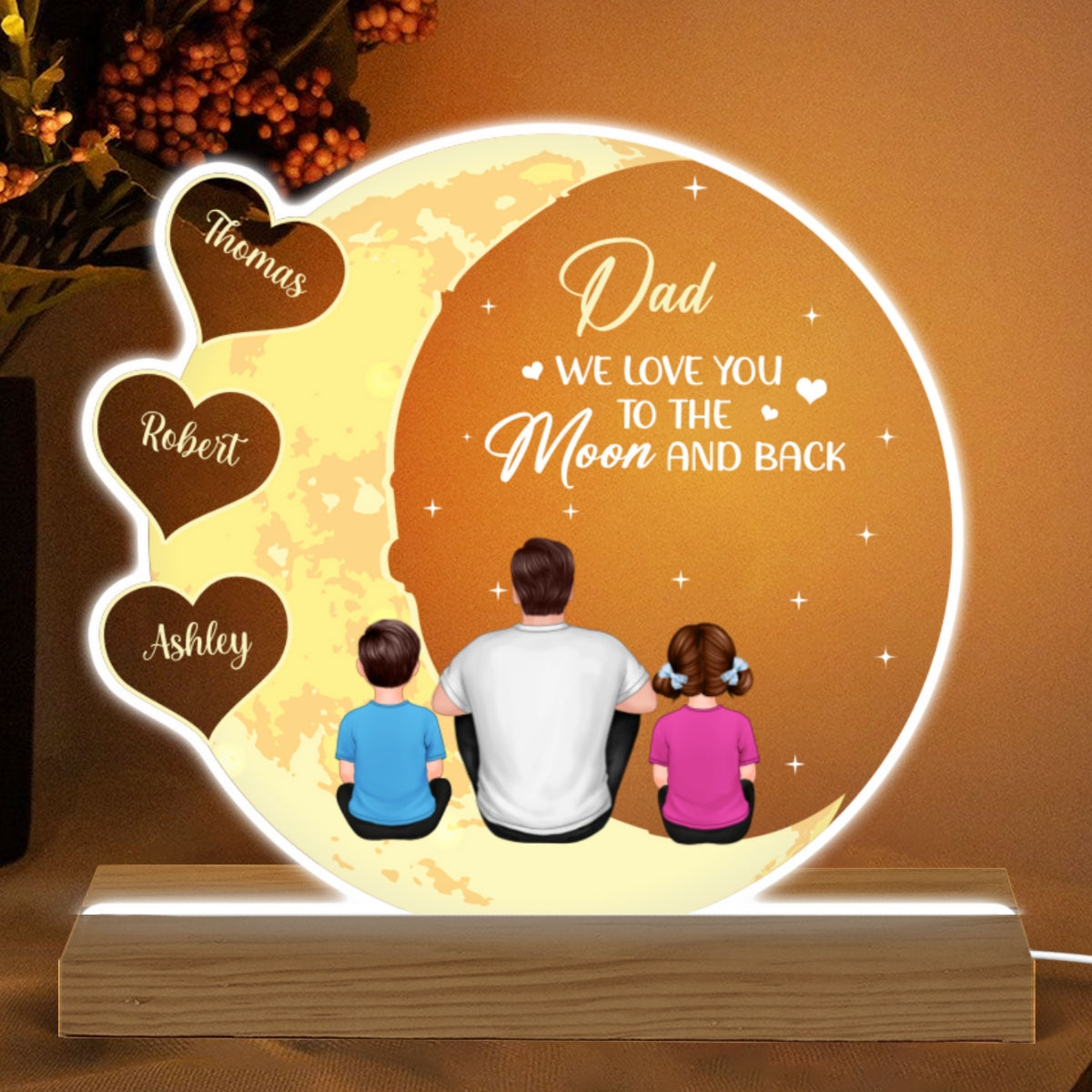Best Dad Ever I Love You To The Moon And Back Back View Man Sitting With Kids Dogs Cats Personalized Custom Shape Acrylic Plaque Warm LED Night Light