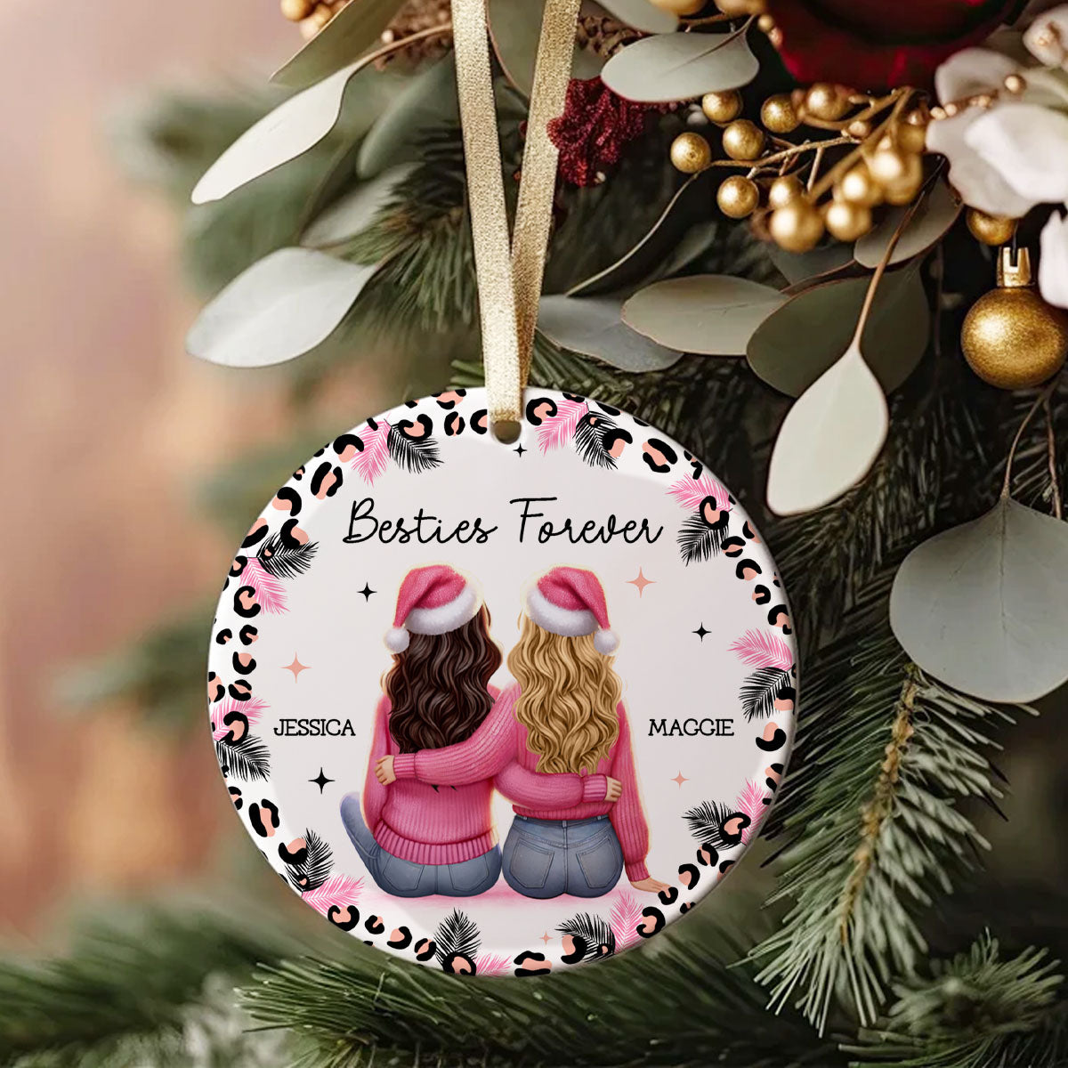 Personalized Christmas Bestie Pink Leopard, Best Friend Ornament, Friendship Ornament