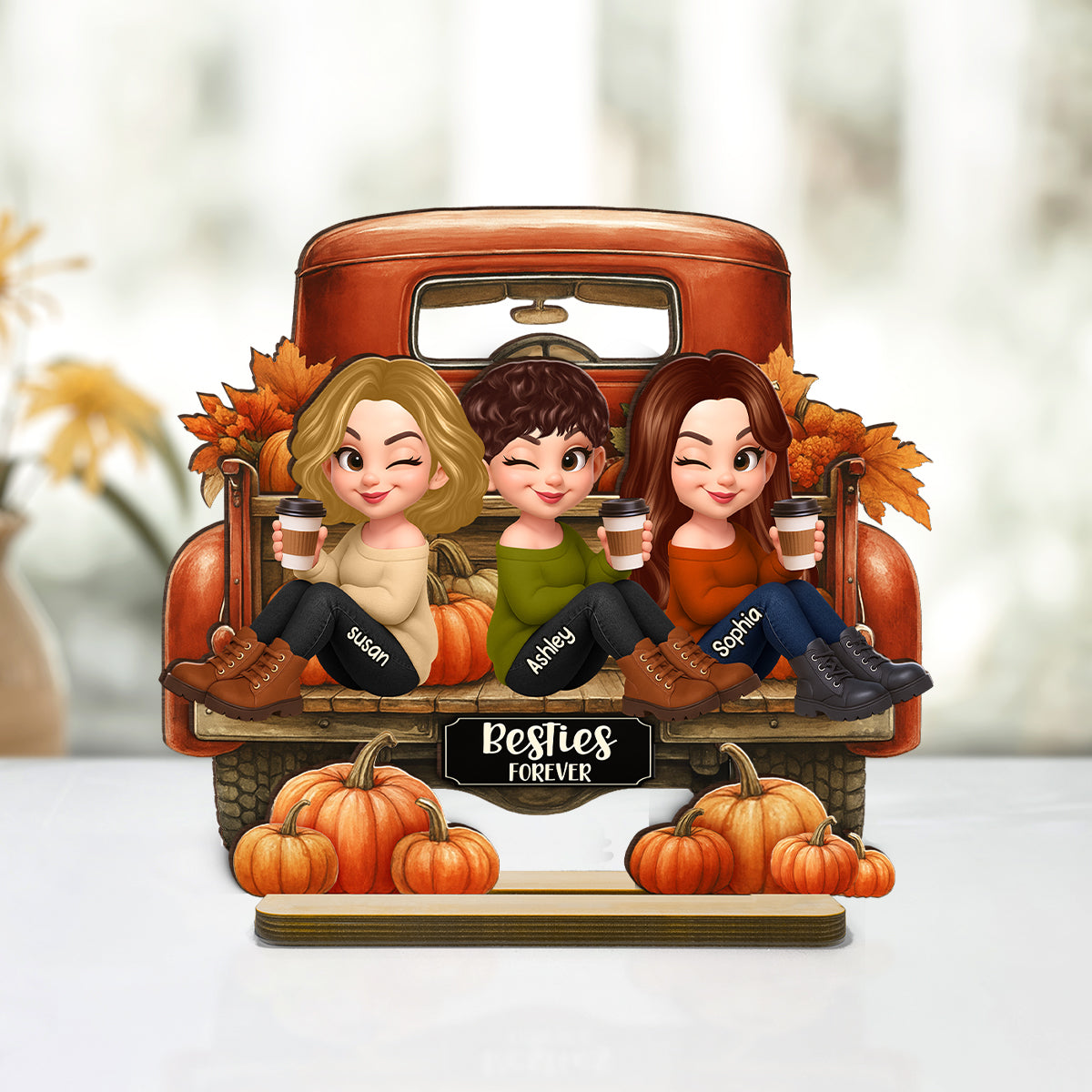 Besties Sitting on Fall Truck Personalized Standing Wooden Plaque, Cozy Fall Decor, Fall Gift for Best Friends