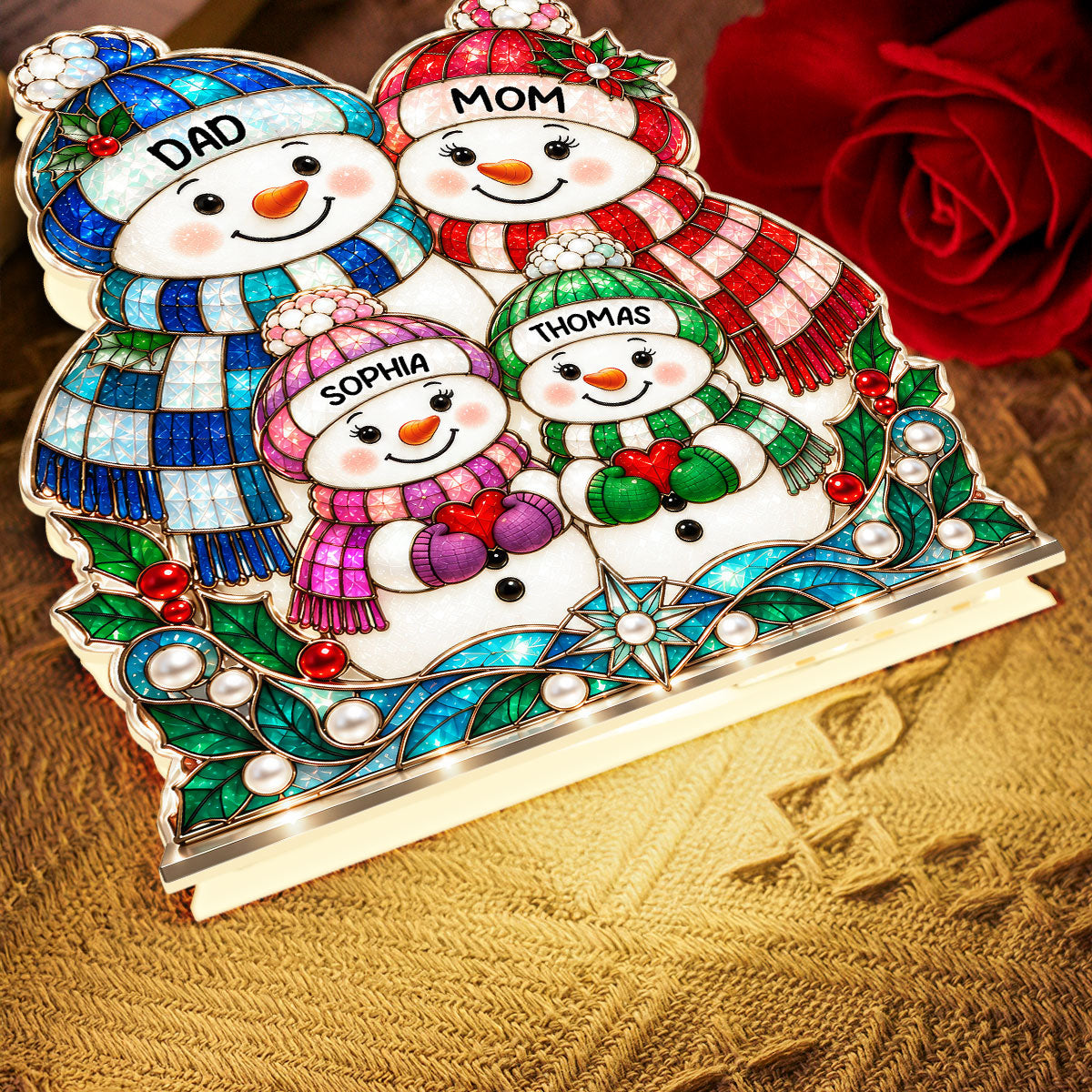 Cute Snowman Grandparents & Grandkids Stained Glass Style 2D Flat Printed - Personalized Light Box - Christmas Decor For Family, Grandma, Grandpa
