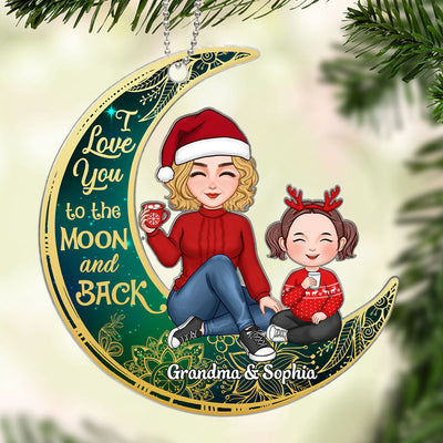 Cute Grandma & Grandkid On Green Moon Christmas Gift For Grandson Granddaughter Personalized Acrylic Ornament