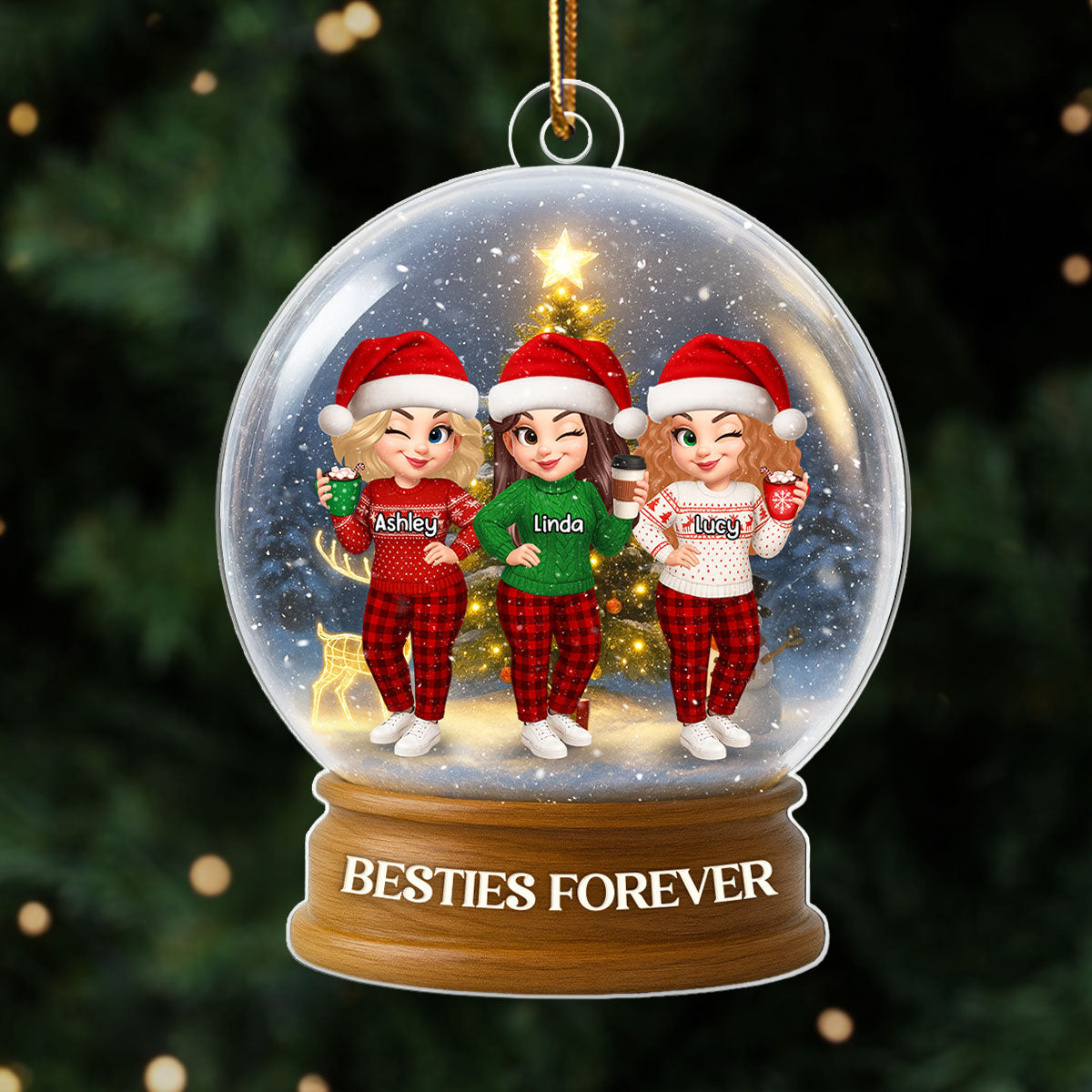 Christmas Besties Sisters In Crystal Snow Globe 3D Effect Personalized Acrylic Ornament