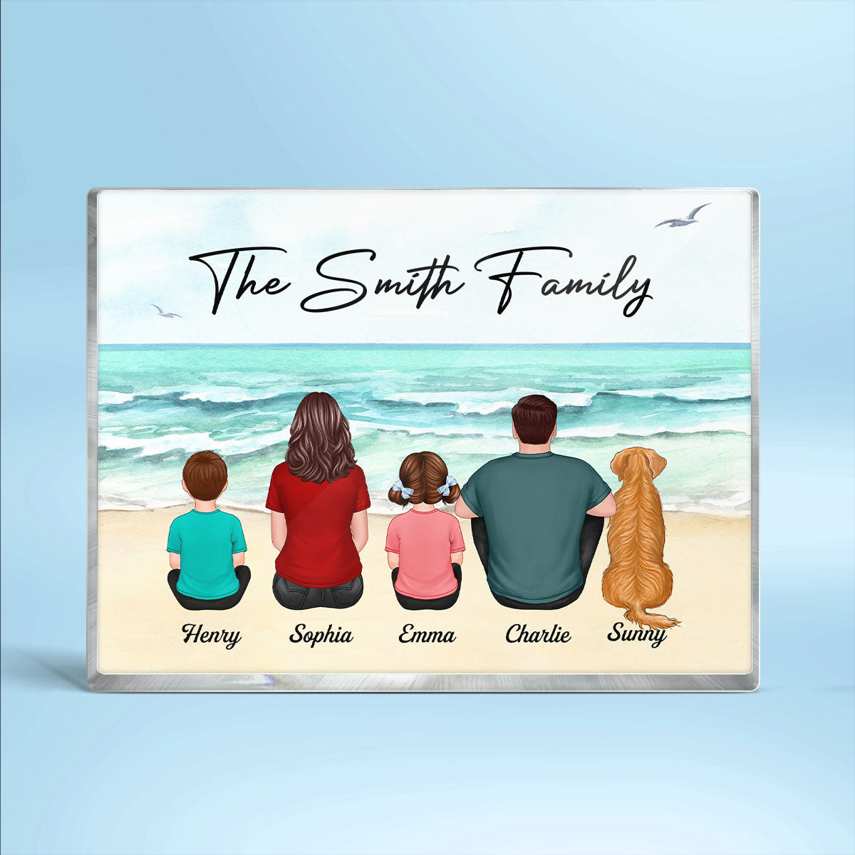 Family Couple Kid Dog Cat Sitting At Beach Personalized Horizontal Rectangle Acrylic Block Plaque