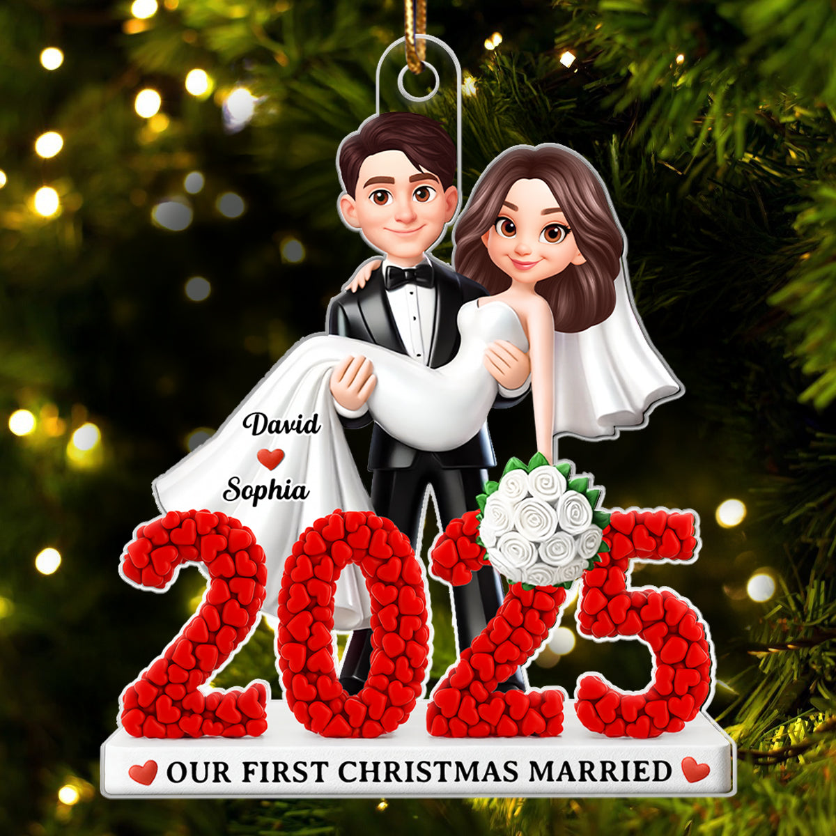 First Christmas Married 2025 3D Shining Effect - Personalized Acrylic Ornament - Christmas Gift for Newly Married Couple